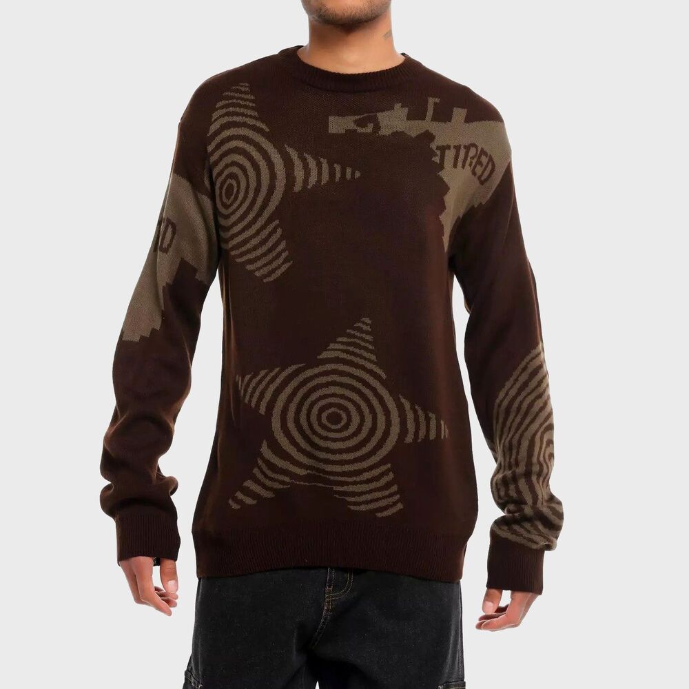 Hot Topic Grunge Swirl Star Intarsia Sweater Men Small Brown Retro Long Sleeve